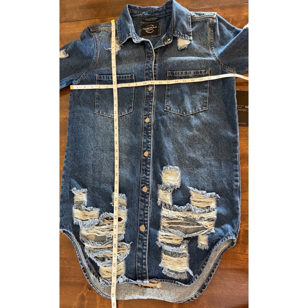 American Bazi Womens Distressed Denim Jacket Medium Wash Longline RJK-3712SI M - Picture 6 of 6